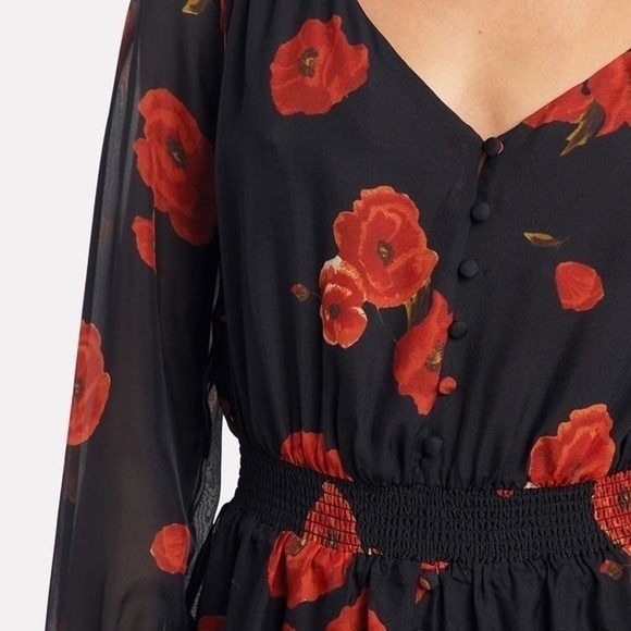 Intermix Kayla Poppy Floral 100% Silk Mini Short Dress, Black/Red, Size 0 - Picture 4 of 16